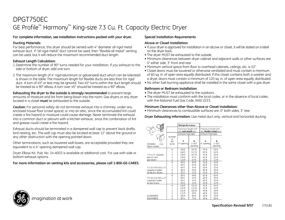 Dpgt750ec, Ge profile, Harmony | King-size 7.3 cu. ft. capacity electric dryer | GE DPGT750EC User Manual | Page 2 / 3