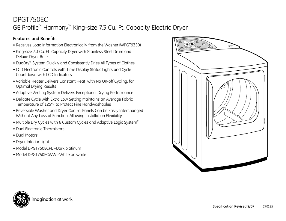 Dpgt750ec, Ge profile, Harmony | King-size 7.3 cu. ft. capacity electric dryer, Dpgt750ecww/gcww | GE DPGT750EC User Manual | Page 3 / 3
