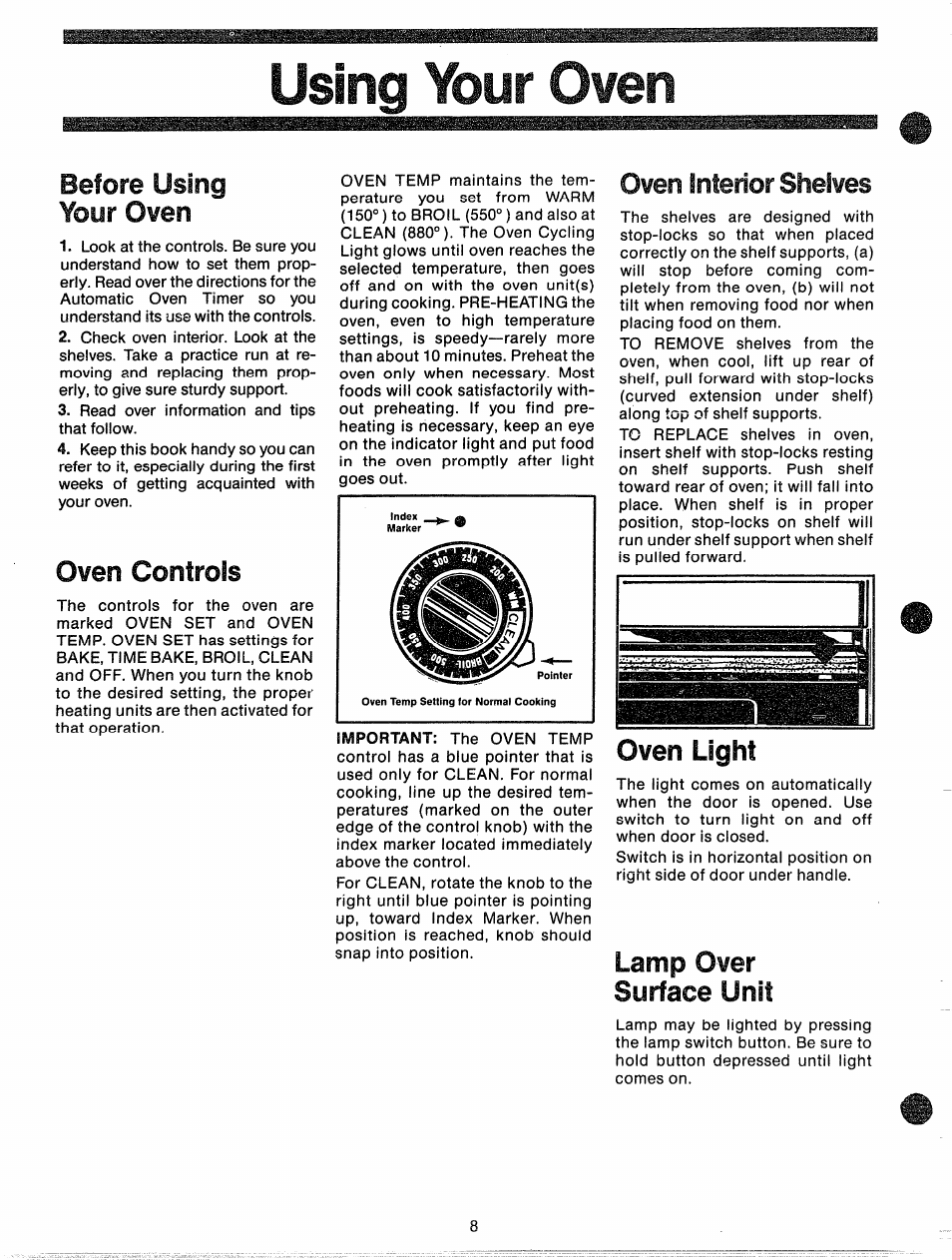 Using your oven, Before using your oven, Oven controls | Oven light, Lamp over surface unit | GE JBP87GD User Manual | Page 10 / 27
