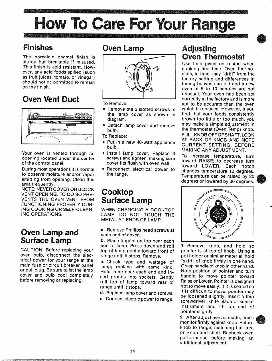 How to care for your range, Finishes, Oven vent duct | Oven lamp and surface lamp, Cooktop surface lamp, Finishes adjusting | GE JBP87GD User Manual | Page 16 / 27