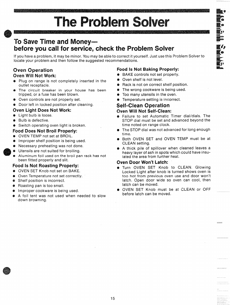 The problem solver, To save time and money, Ut:?ius^ yuu %^au lur iii^ r^iuui^iii | Oven operation, Oven wi!! not work, Oven light does not work, Food does not broil properly, Food !s not roasting properly, Food is not baking properly, Self-clean operation | GE JBP87GD User Manual | Page 17 / 27