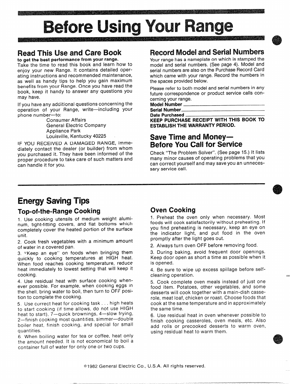 Before usina your range, Energy saving tips, Read this use and care book | Record model and serial numbers, Save time and money— before you call for service, Top-of-the-range cooking, Oven cocking | GE JBP87GD User Manual | Page 2 / 27