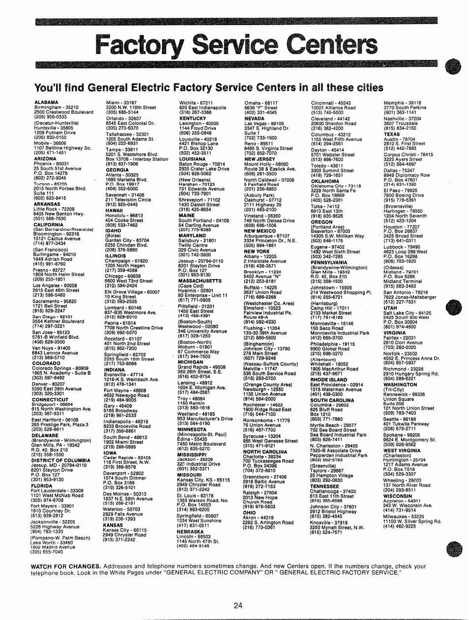 Factorv service centers | GE JBP87GD User Manual | Page 25 / 27