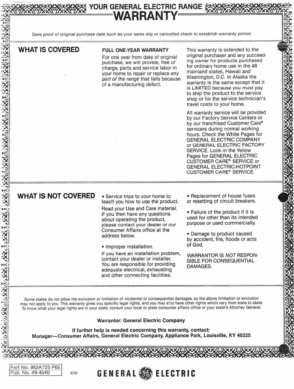 General, Electric, Warranty | Your general electric range, What is covered, What is not covered, Lo^il *h | GE JBP87GD User Manual | Page 27 / 27