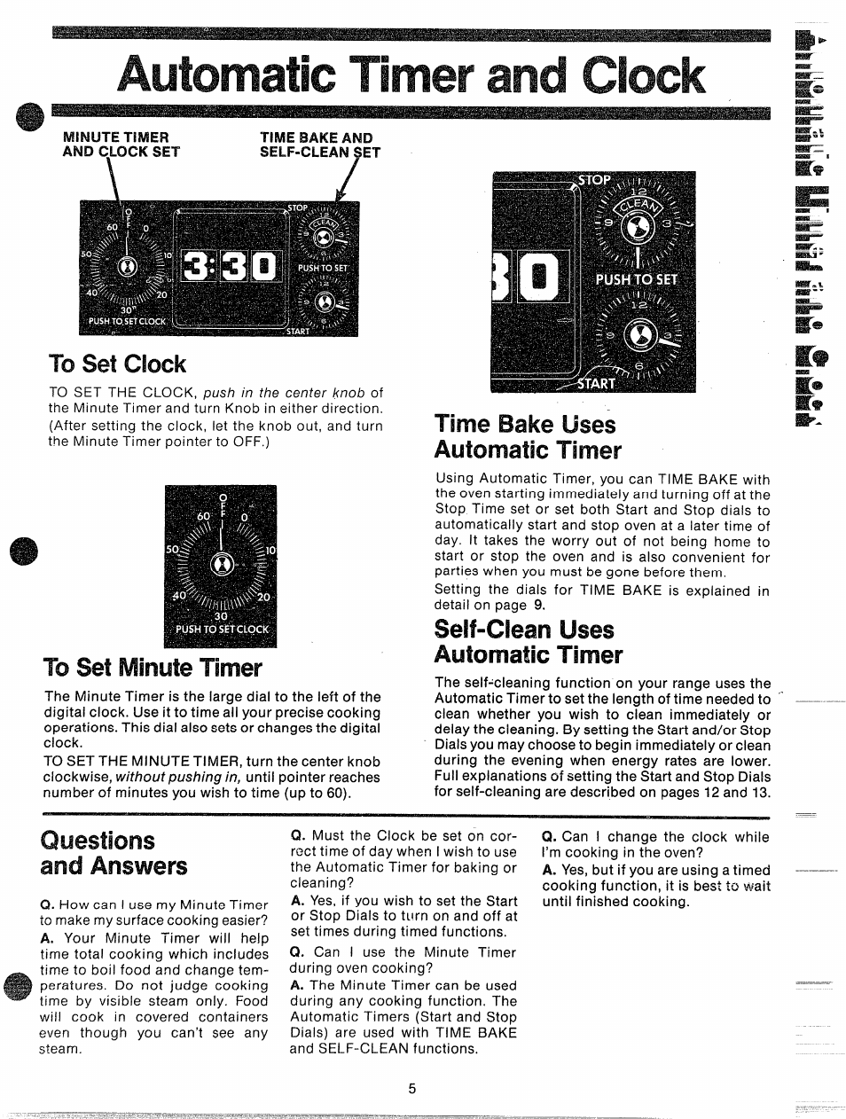 Automatic timer and ciock, To set ciock, To set minute timer | Time bake uses automatic timer, Self-clean uses automatic timer, Questions and answers, Automatic timer and clocks | GE JBP87GD User Manual | Page 7 / 27