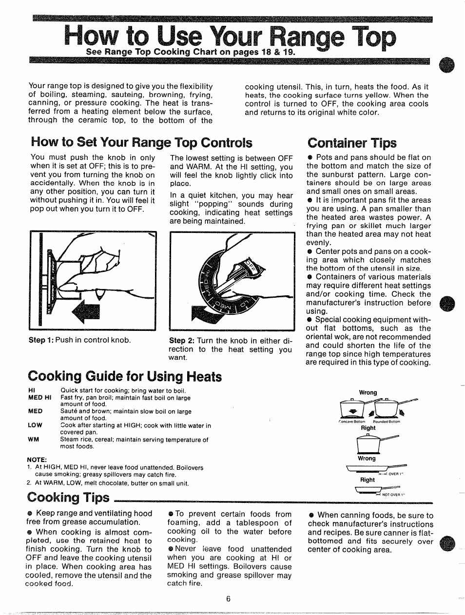 Cooking tips, Now to use your reiige top, Container tips | How to 3@i yoiir range top conirois, Cooking cuíde for using heats | GE JBP87GD User Manual | Page 8 / 27