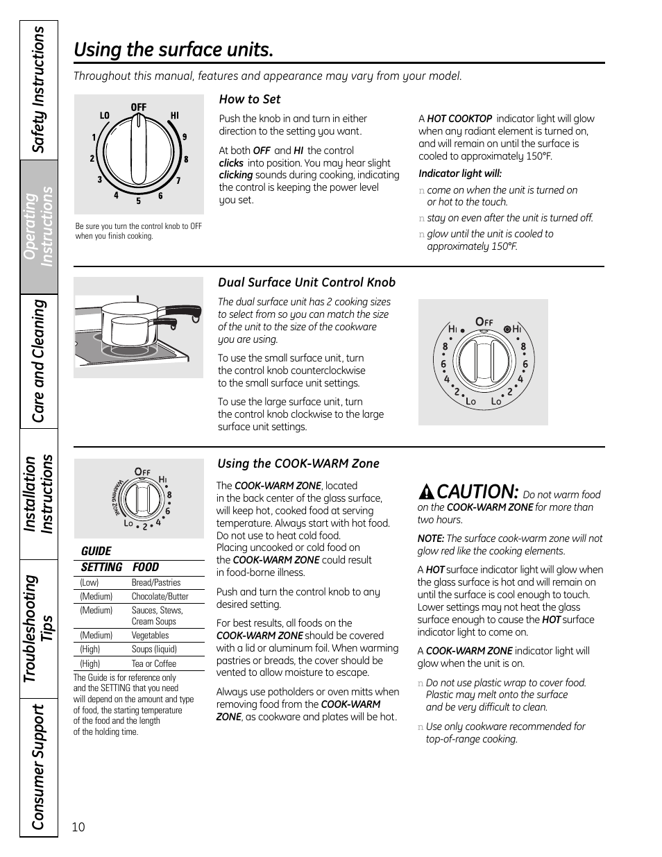 Using the surface units, Caution | GE 1 CBC980 User Manual | Page 10 / 52