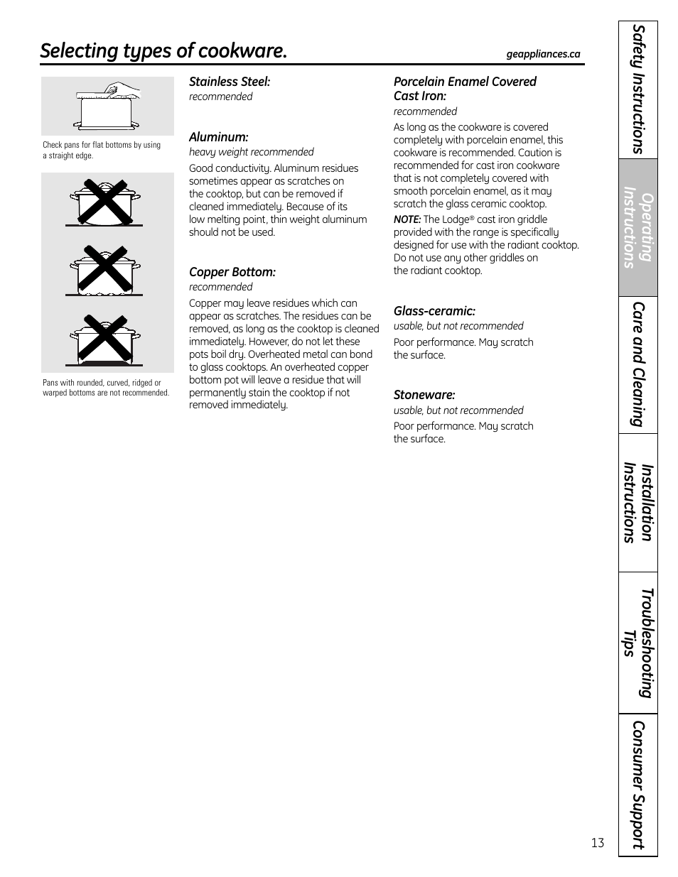 Selecting types of cookware | GE 1 CBC980 User Manual | Page 13 / 52