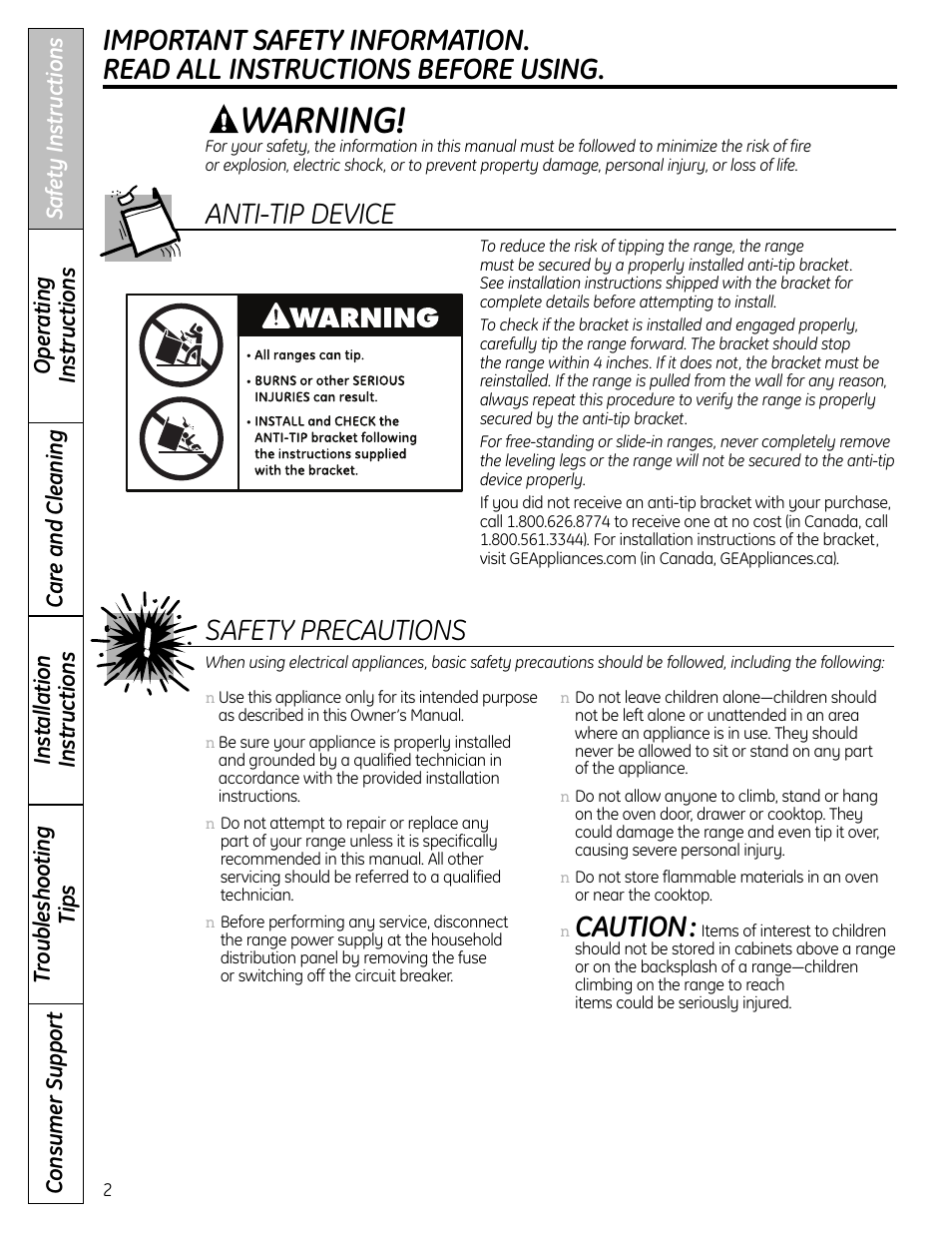 Warning, Caution, Safety precautions | Anti-tip device | GE 1 CBC980 User Manual | Page 2 / 52