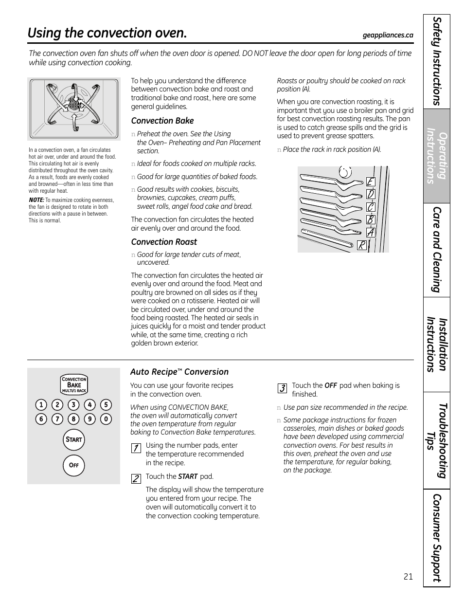 Using the convection oven | GE 1 CBC980 User Manual | Page 21 / 52