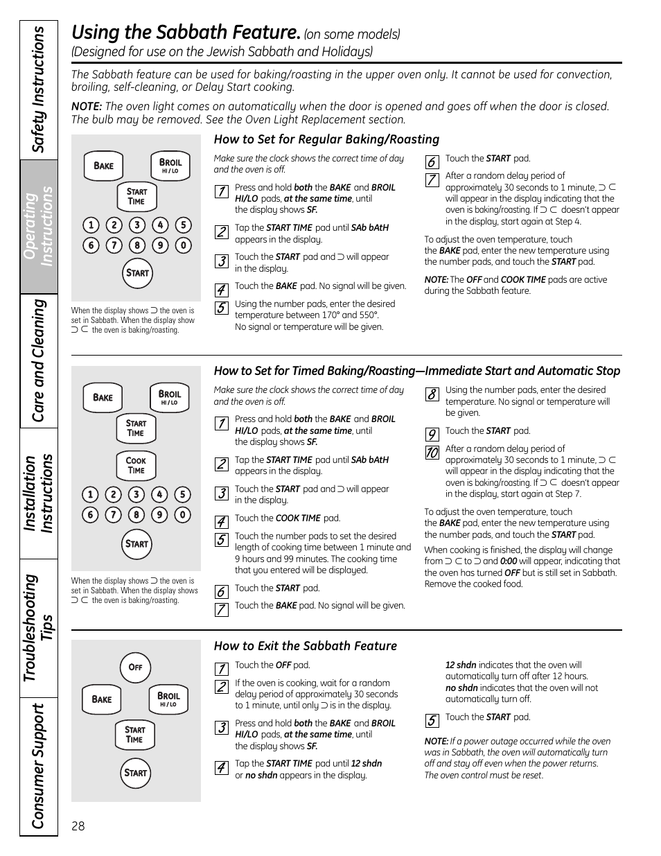 Using the sabbath feature | GE 1 CBC980 User Manual | Page 28 / 52