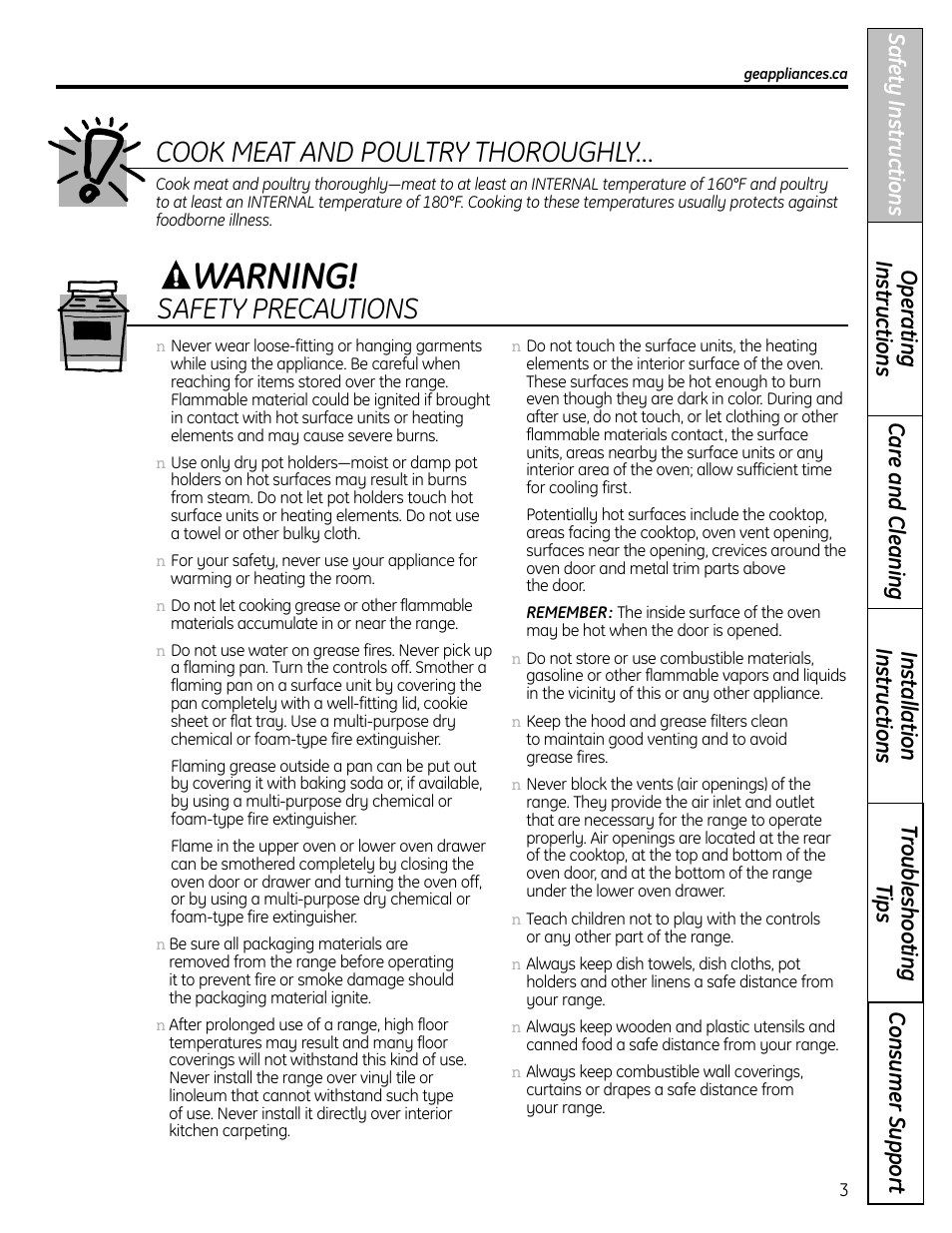 Warning, Cook meat and poultry thoroughly, Safety precautions | GE 1 CBC980 User Manual | Page 3 / 52