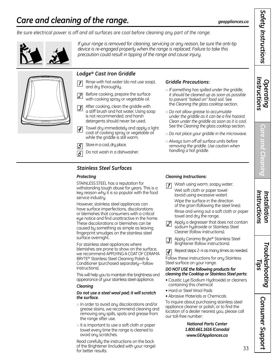 Care and cleaning of the range | GE 1 CBC980 User Manual | Page 33 / 52