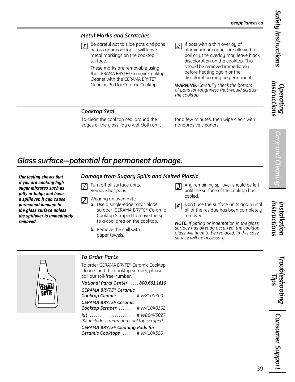 Glass surface—potential for permanent damage | GE 1 CBC980 User Manual | Page 39 / 52