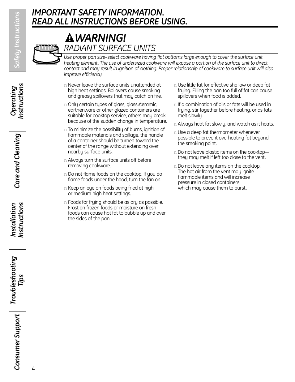 Warning, Radiant surface units | GE 1 CBC980 User Manual | Page 4 / 52