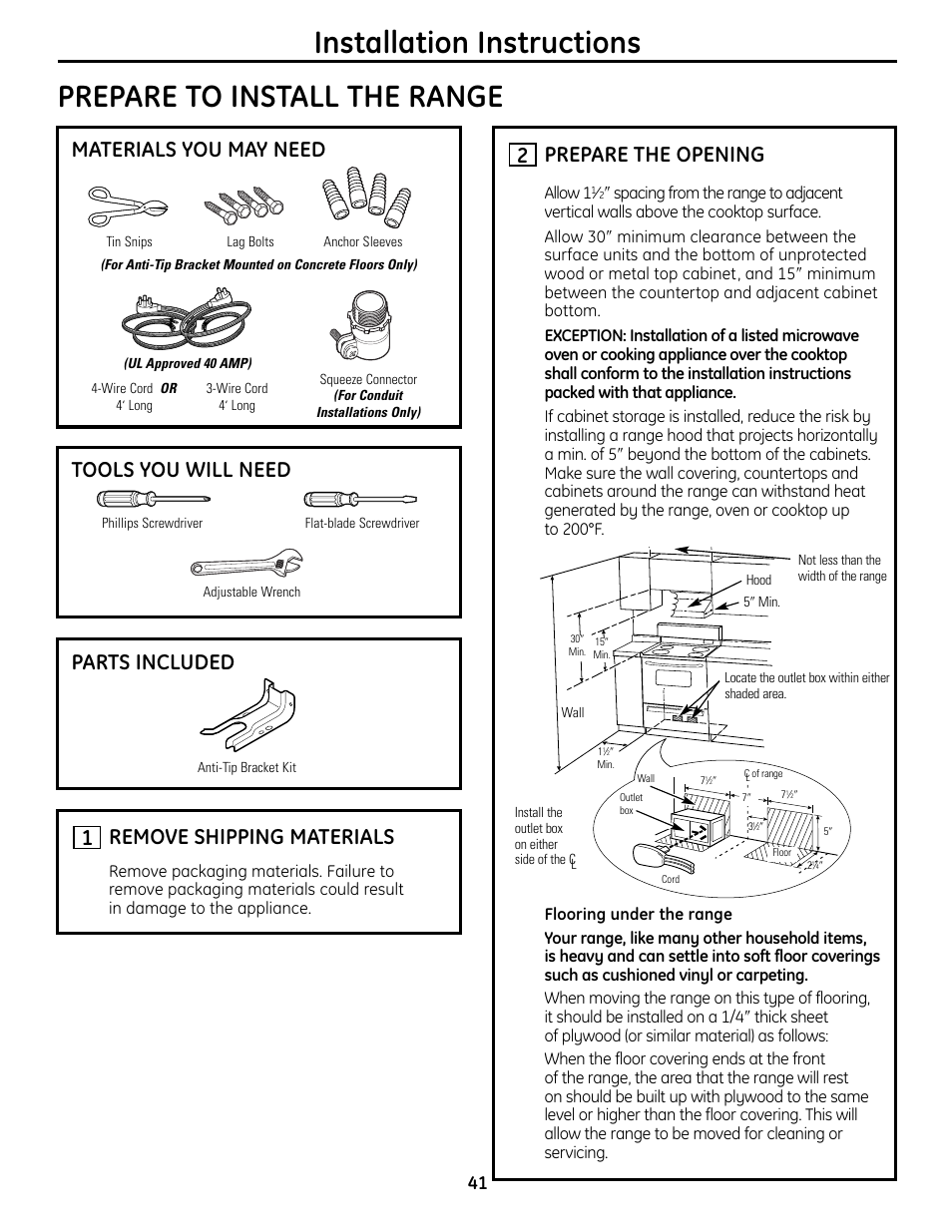 Tools you will need materials you may need, Parts included, Remove shipping materials | 1prepare the opening, Allow 1 | GE 1 CBC980 User Manual | Page 41 / 52