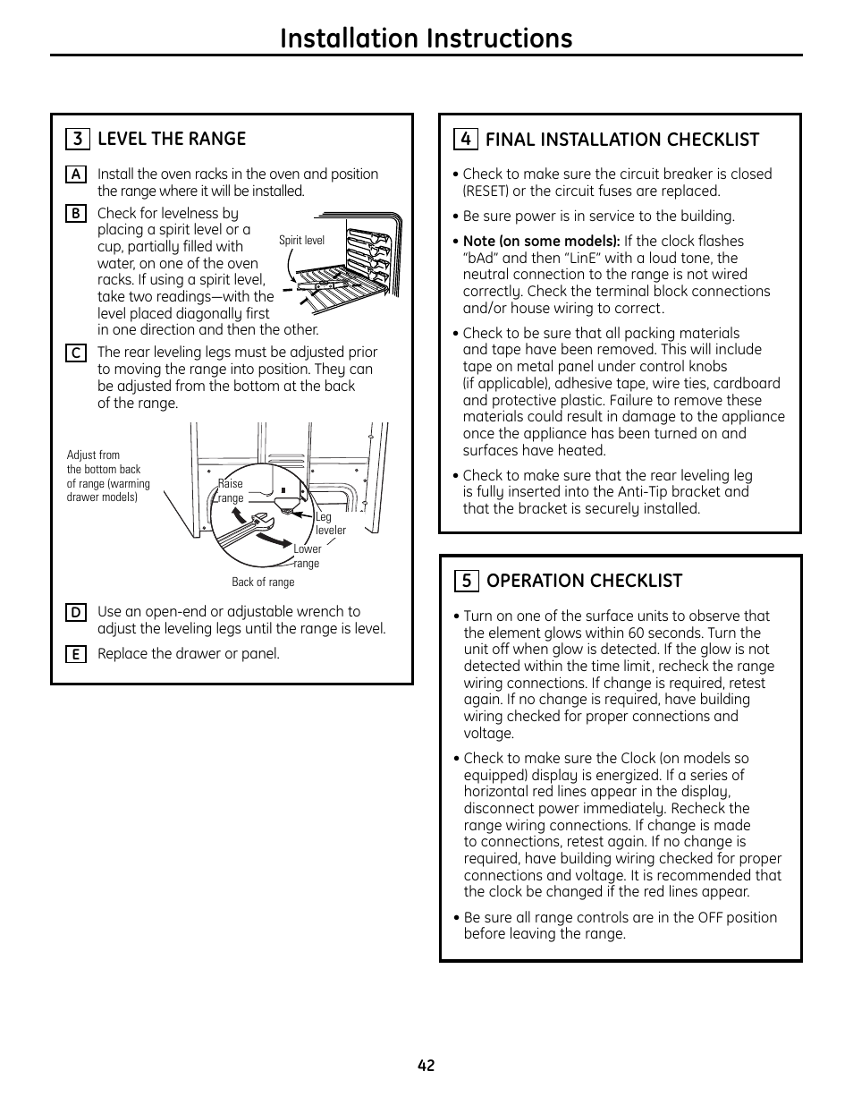 Installation instructions, Final installation checklist, 4operation checklist | 5level the range | GE 1 CBC980 User Manual | Page 42 / 52