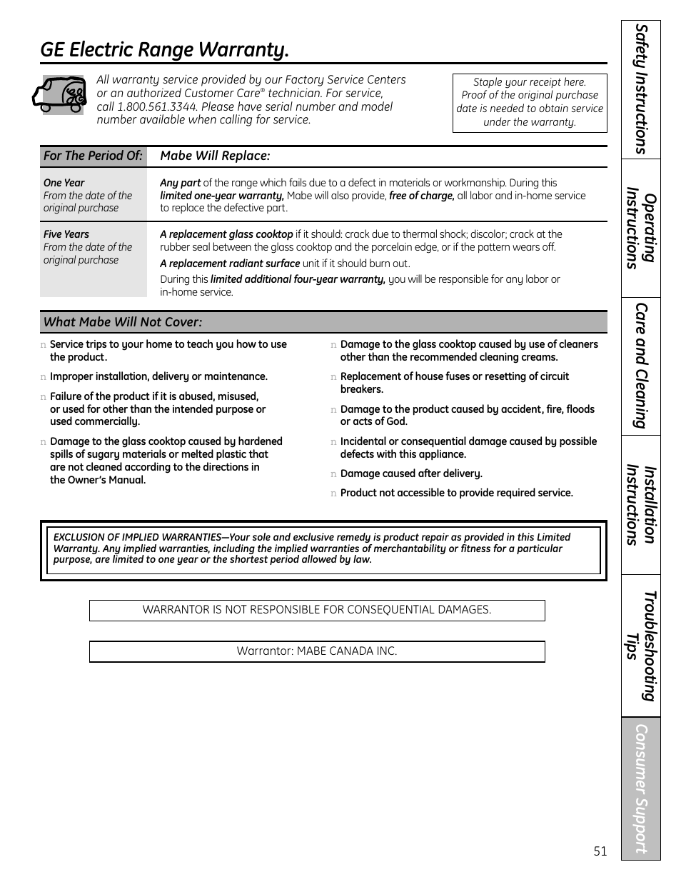 Ge electric range warranty | GE 1 CBC980 User Manual | Page 51 / 52