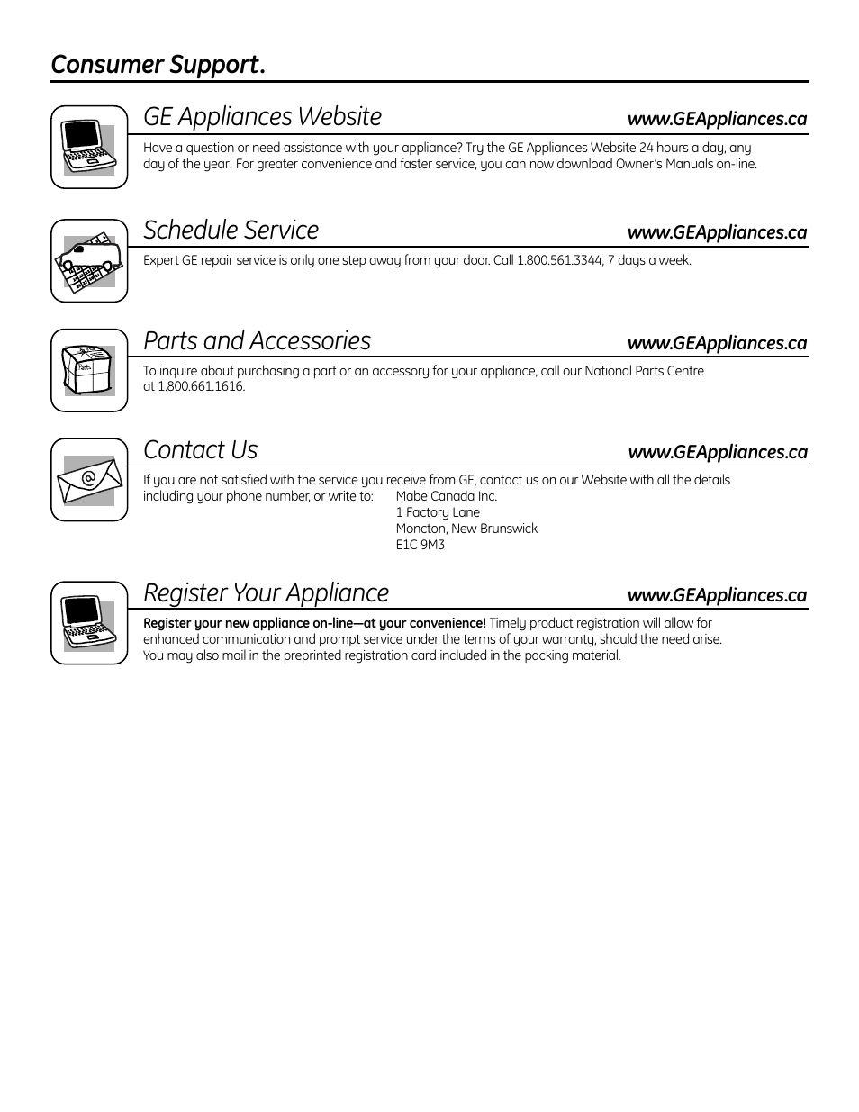 Ge appliances website, Schedule service, Parts and accessories | Contact us, Register your appliance, Consumer support | GE 1 CBC980 User Manual | Page 52 / 52