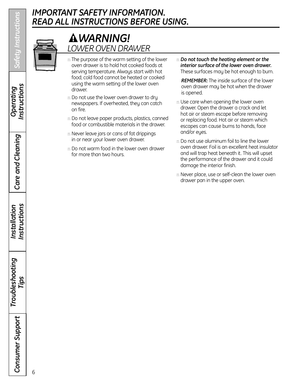 Warning | GE 1 CBC980 User Manual | Page 6 / 52