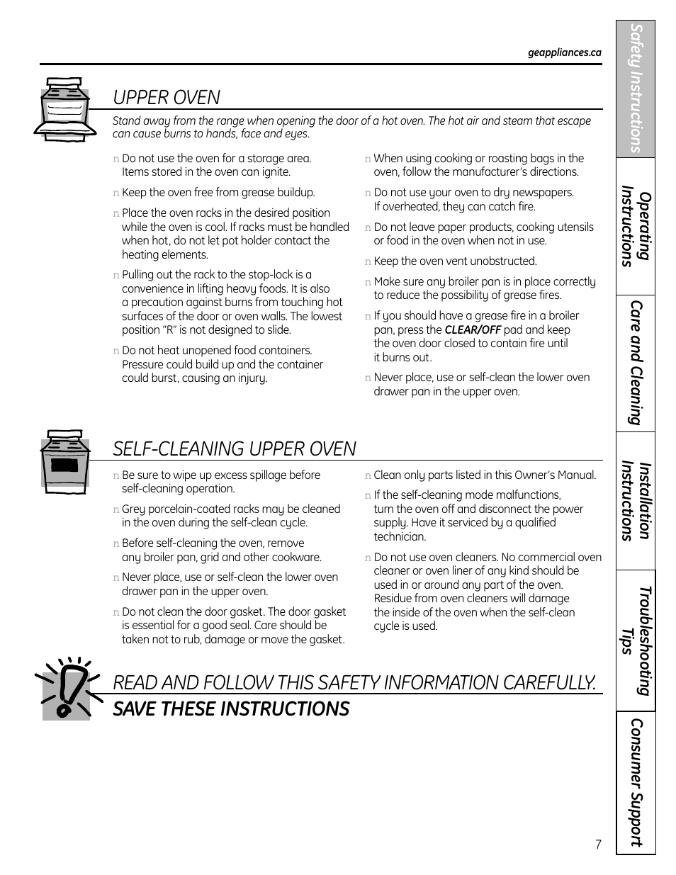 Self-cleaning upper oven, Upper oven | GE 1 CBC980 User Manual | Page 7 / 52