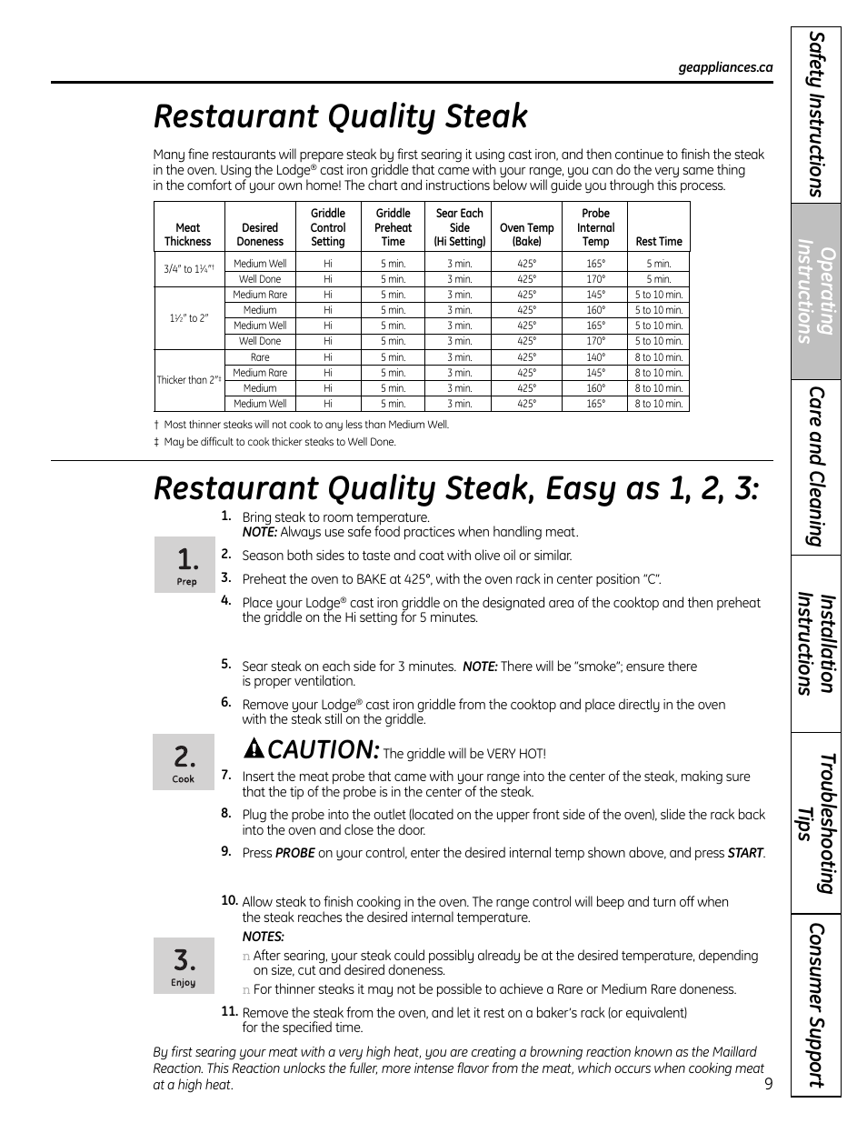 Restaurant quality steak, Restaurant quality steak, easy as 1, 2, 3, Caution | GE 1 CBC980 User Manual | Page 9 / 52