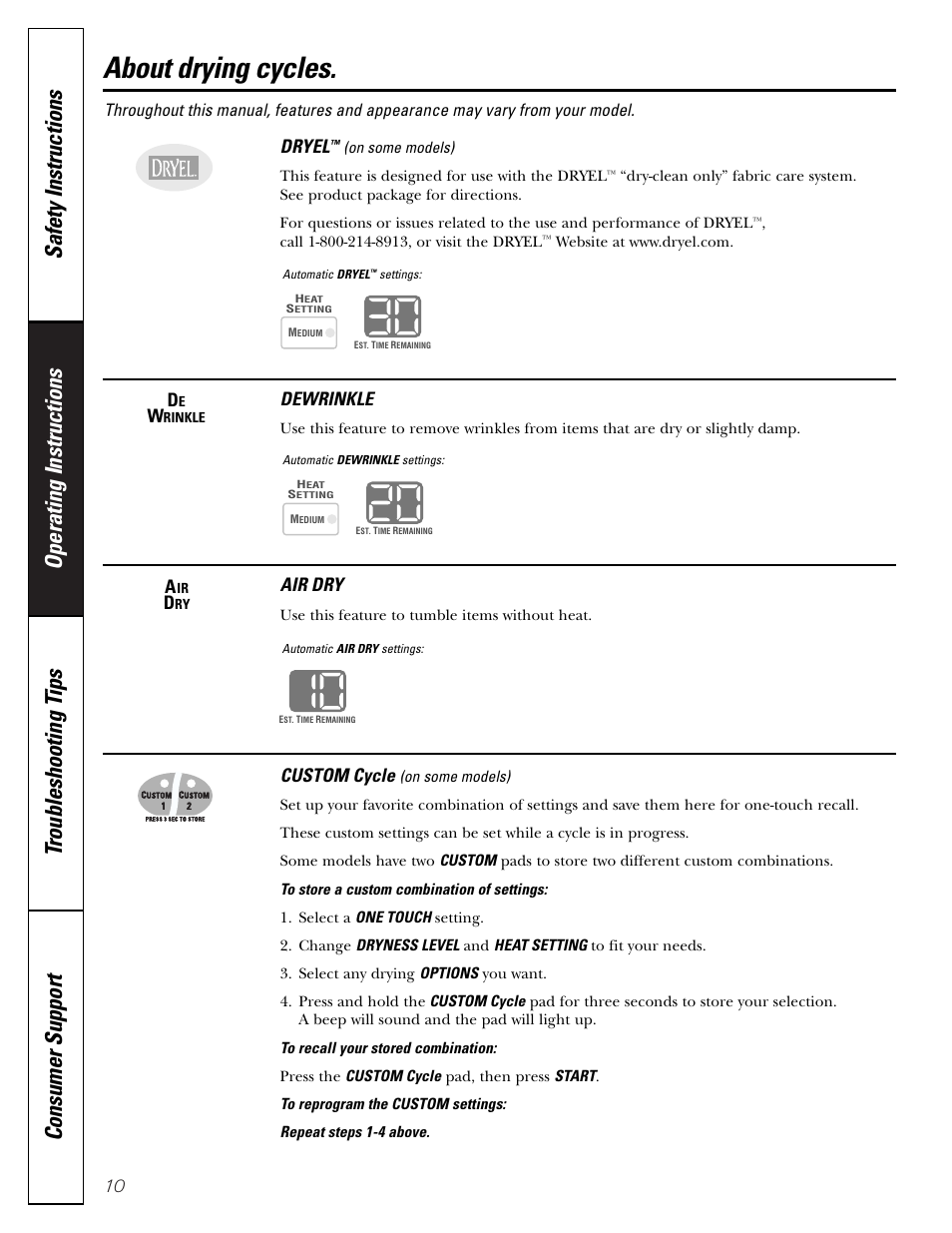 Drying cycles, About drying cycles, Dryel | Dewrinkle, Air dry, Custom cycle | GE DNSB514 User Manual | Page 10 / 24