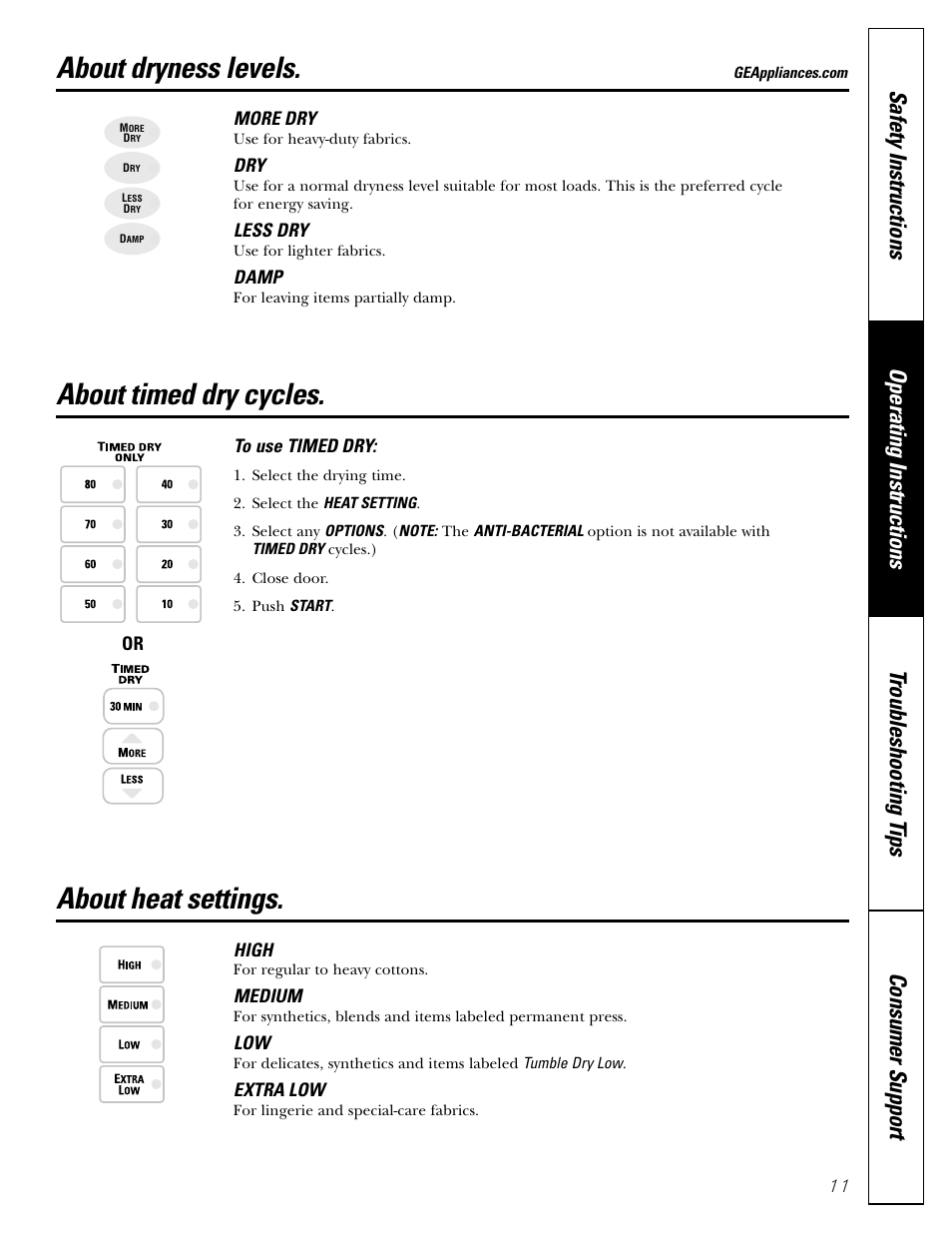 Dryness levels, Heat settings, Timed dry cycles | Dryness levels heat settings, About dryness levels, About timed dry cycles, About heat settings | GE DNSB514 User Manual | Page 11 / 24
