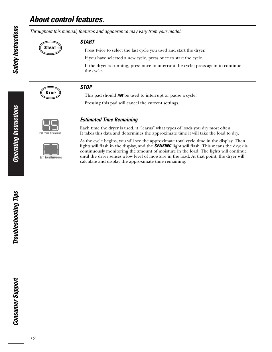 Controls features, About control features, Start | Stop, Estimated time remaining | GE DNSB514 User Manual | Page 12 / 24