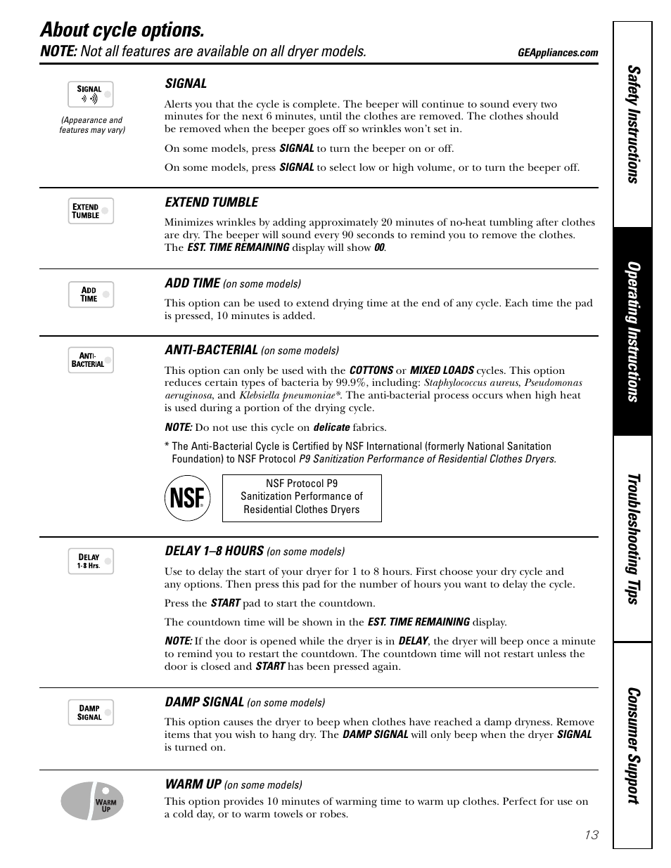 Cycle options, About cycle options | GE DNSB514 User Manual | Page 13 / 24