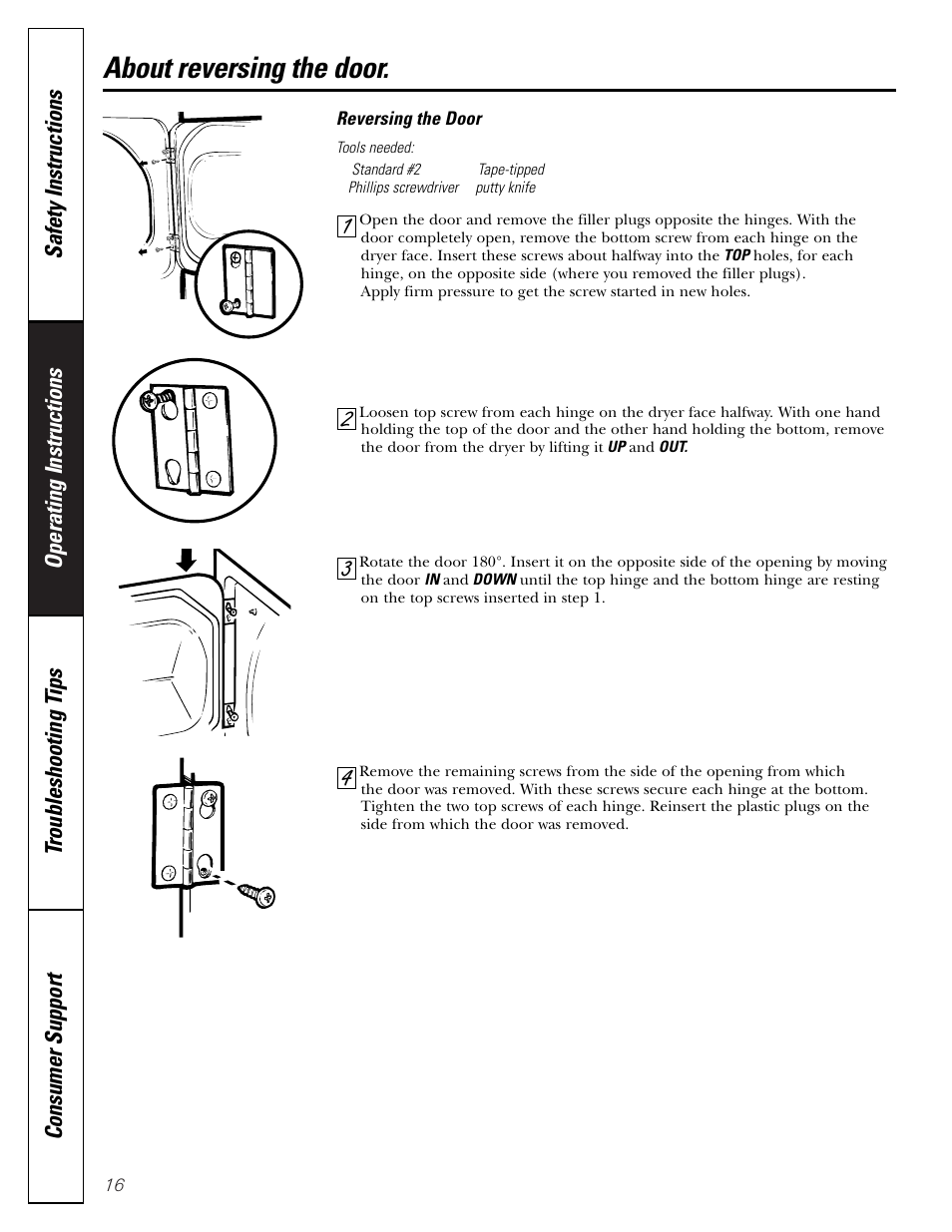 Reversing the door, About reversing the door | GE DNSB514 User Manual | Page 16 / 24