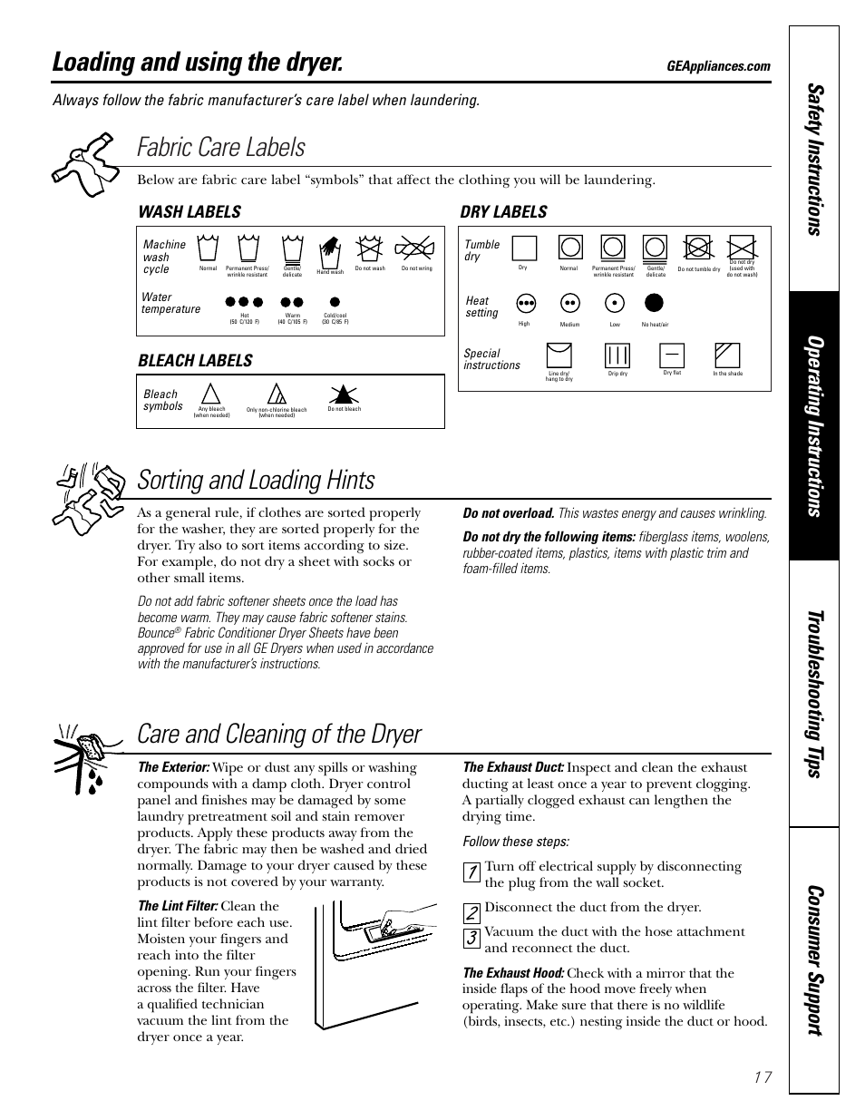 Loading and using the dryer, Fabric care labels, Sorting and loading hints | Care and cleaning of the dryer, Wash labels dry labels, Bleach labels | GE DNSB514 User Manual | Page 17 / 24