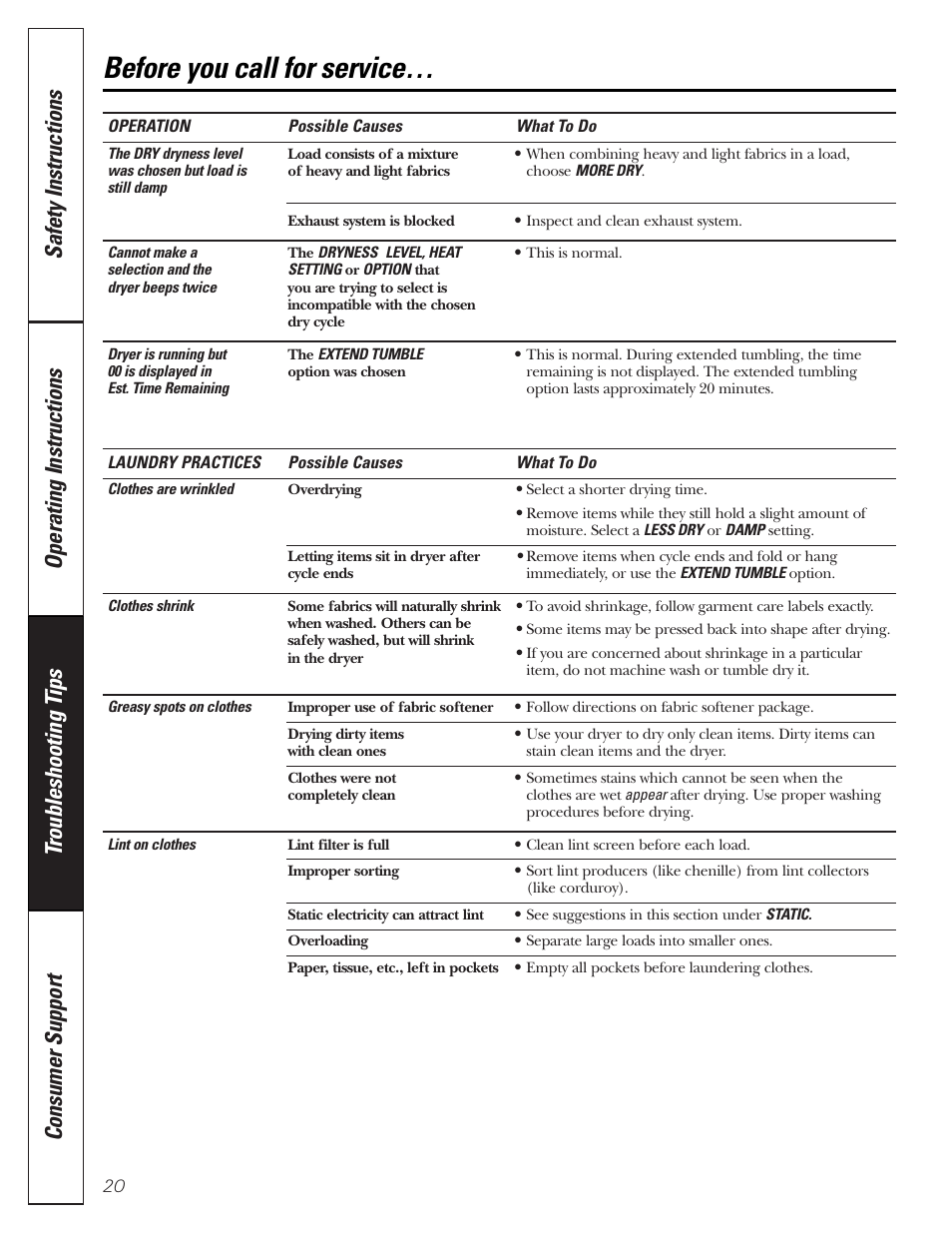 Before you call for service | GE DNSB514 User Manual | Page 20 / 24