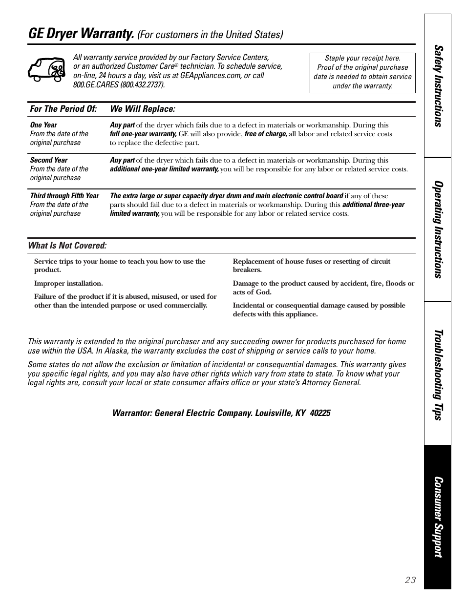 Warranty, Ge dryer warranty, For customers in the united states) | GE DNSB514 User Manual | Page 23 / 24