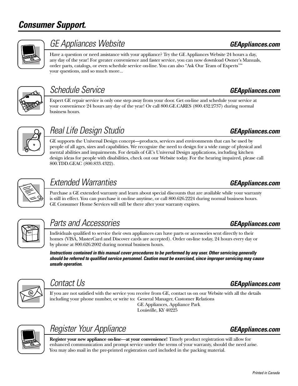 Consumer support, Consumer support . . . back cover, Consumer support. ge appliances website | Schedule service, Real life design studio, Extended warranties, Parts and accessories, Contact us, Register your appliance | GE DNSB514 User Manual | Page 24 / 24