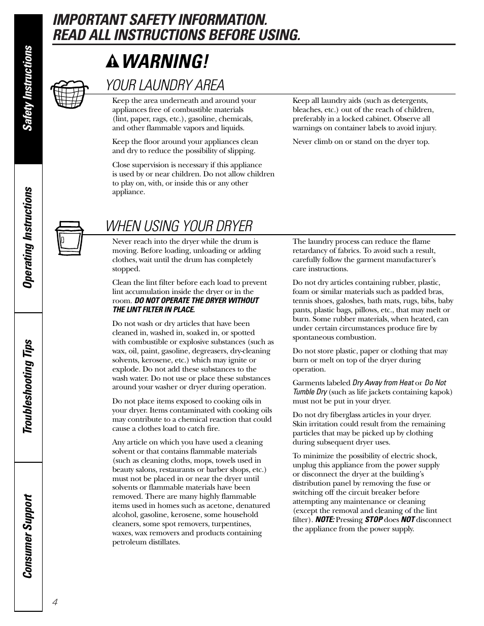 Warning, Your laundry area, When using your dryer | GE DNSB514 User Manual | Page 4 / 24