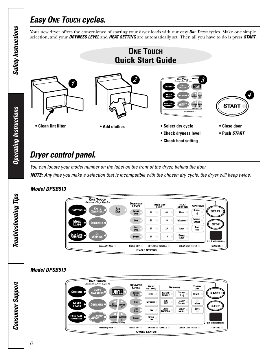 Control panels, One touch cycles, Control panels , 7 | Ouch, Cycles, Easy o, Dryer control panel, Quick start guide | GE DNSB514 User Manual | Page 6 / 24