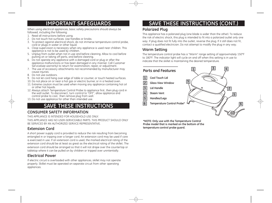 Save these instructions important safeguards, Save these instructions (cont.) | GE 681131690256 User Manual | Page 2 / 3