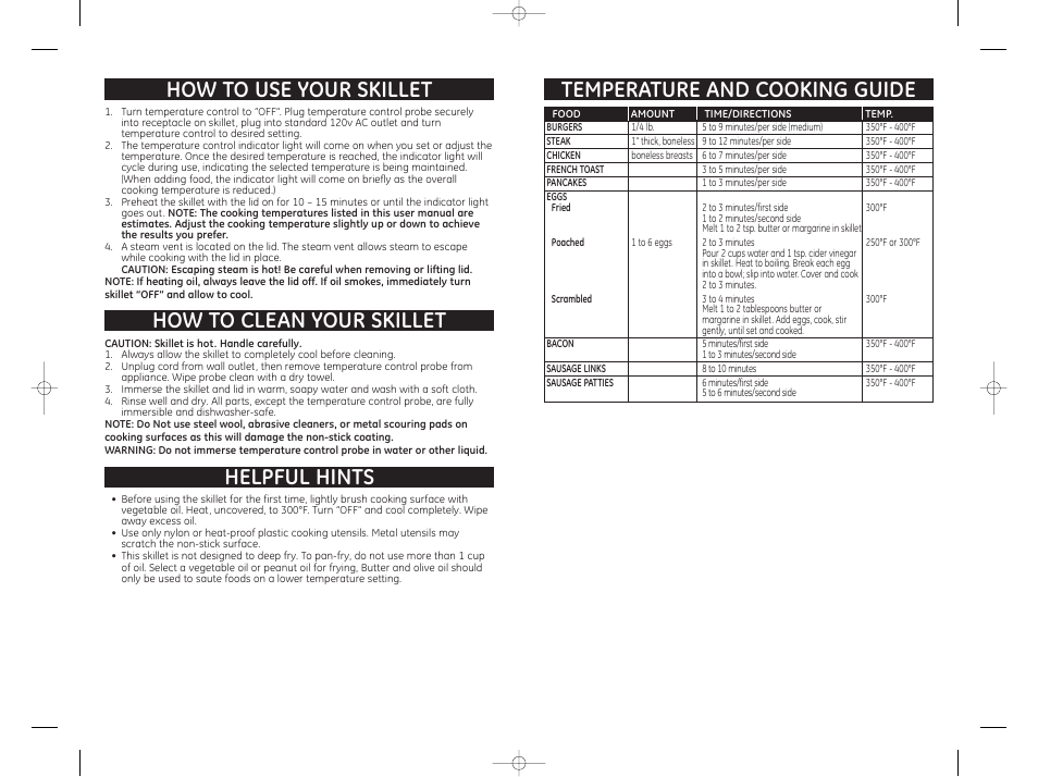 How to use your skillet, How to clean your skillet, Helpful hints | Temperature and cooking guide | GE 681131690256 User Manual | Page 3 / 3