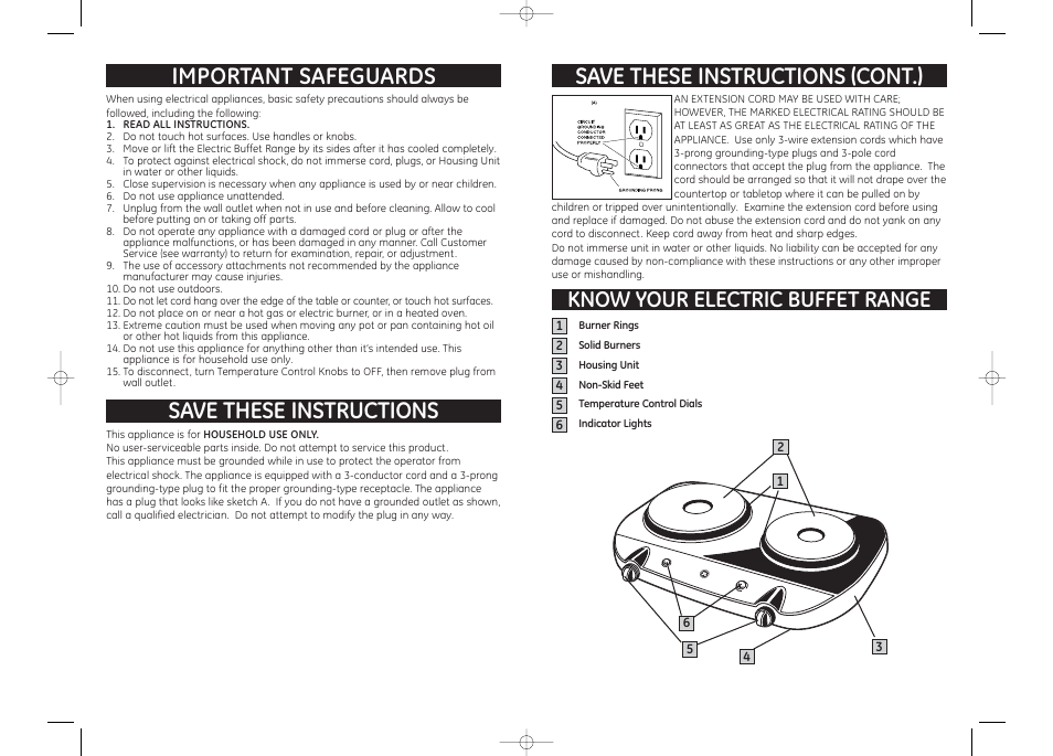 Important safeguards, Save these instructions, Save these instructions (cont.) | Know your electric buffet range | GE 169062 User Manual | Page 2 / 3