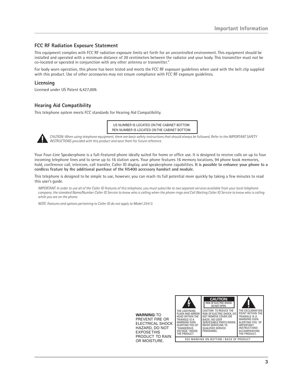 Important information, Fcc rf radiation exposure statement, Licensing | Hearing aid compatibility | GE 25414 User Manual | Page 3 / 25