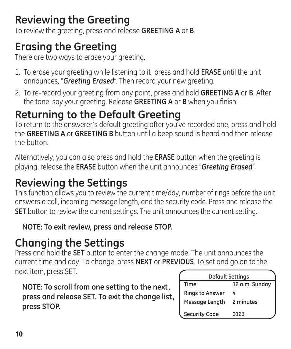 Reviewing the greeting, Erasing the greeting, Returning to the default greeting | Reviewing the settings, Changing the settings | GE 29861 User Manual | Page 10 / 56