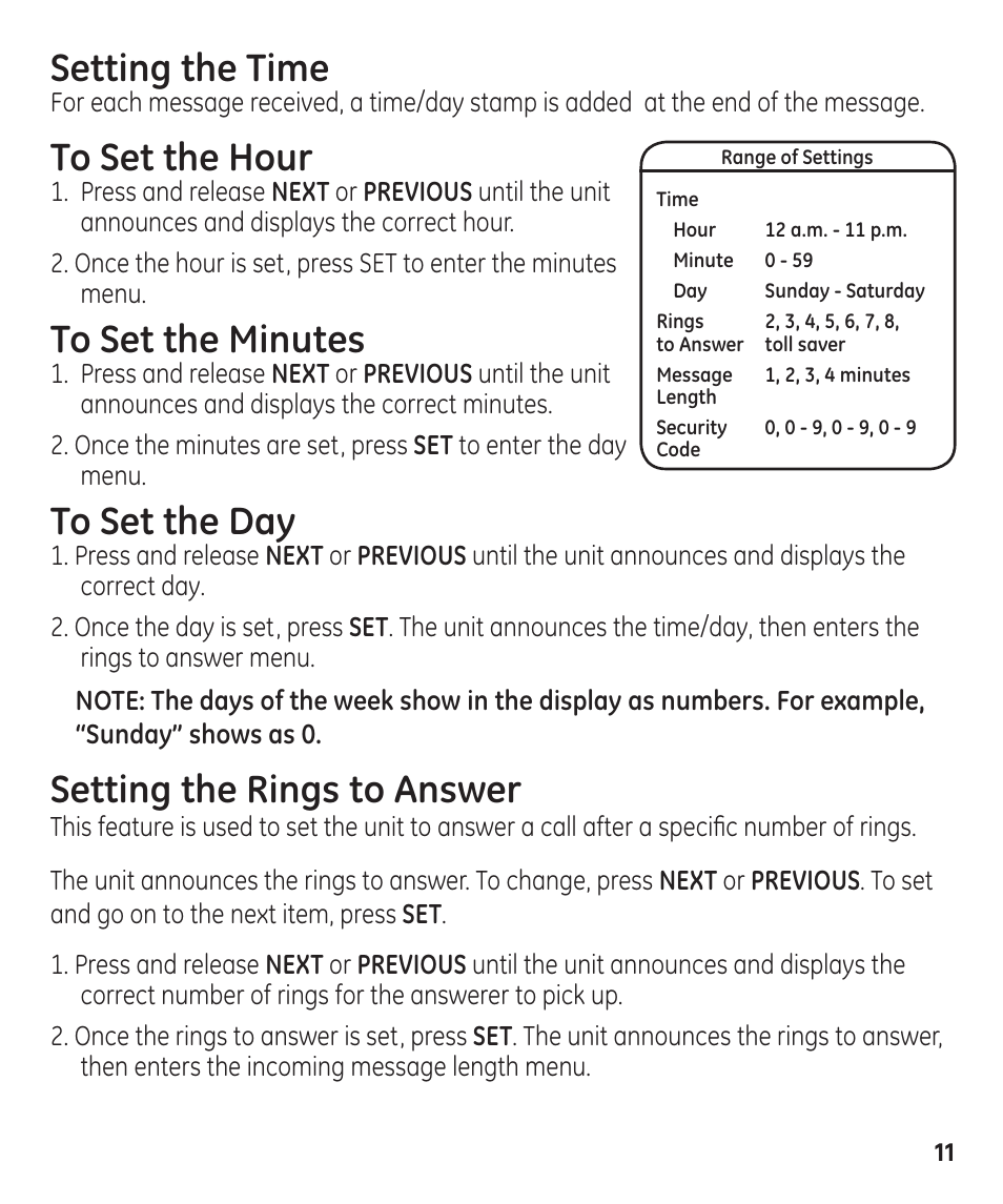 Setting the time, Setting the rings to answer | GE 29861 User Manual | Page 11 / 56