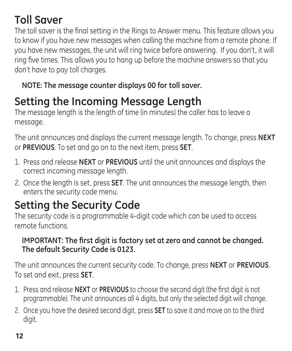 Toll saver, Setting the incoming message length, Setting the security code | GE 29861 User Manual | Page 12 / 56