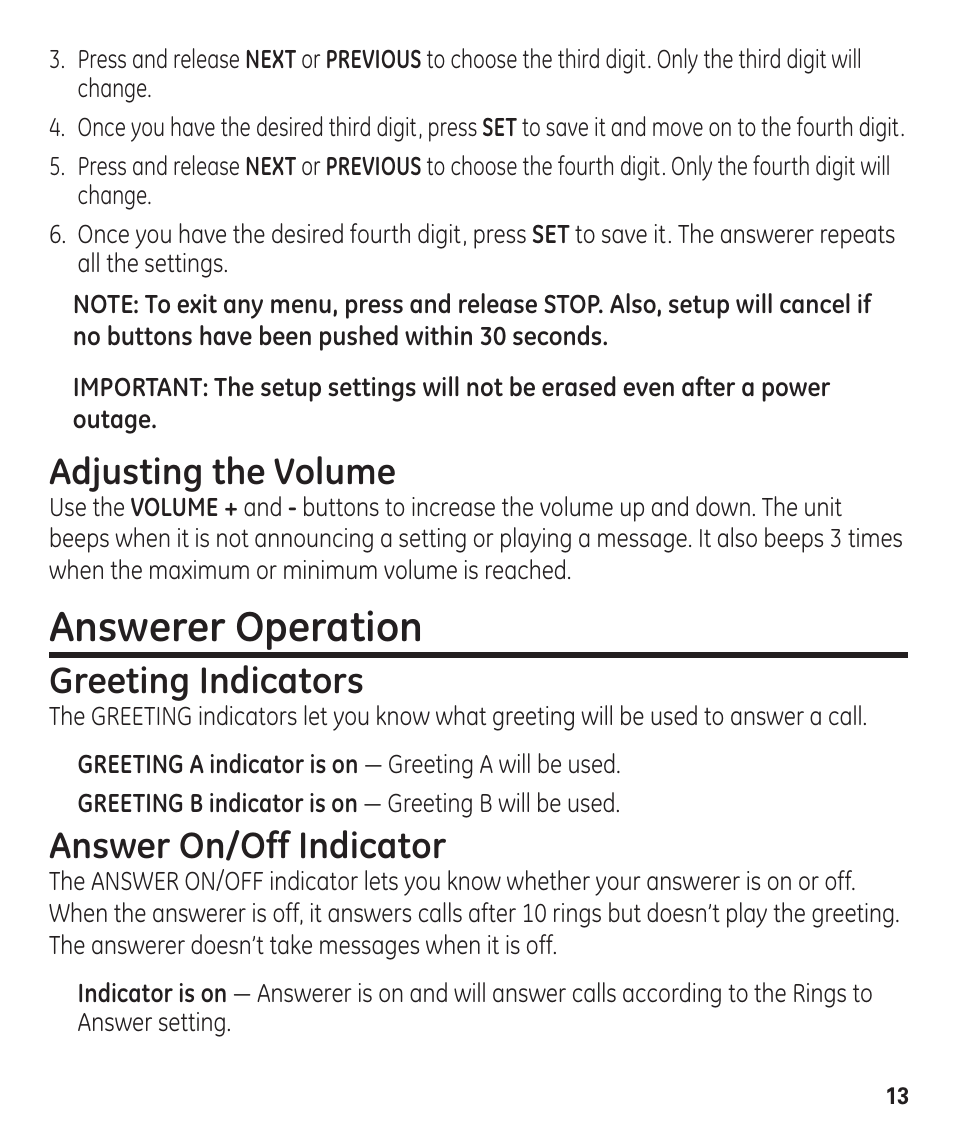 Answerer operation, Adjusting the volume, Greeting indicators | Answer on/off indicator | GE 29861 User Manual | Page 13 / 56