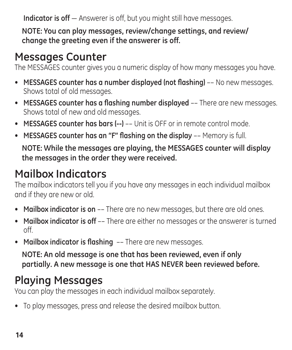 Messages counter, Mailbox indicators, Playing messages | GE 29861 User Manual | Page 14 / 56