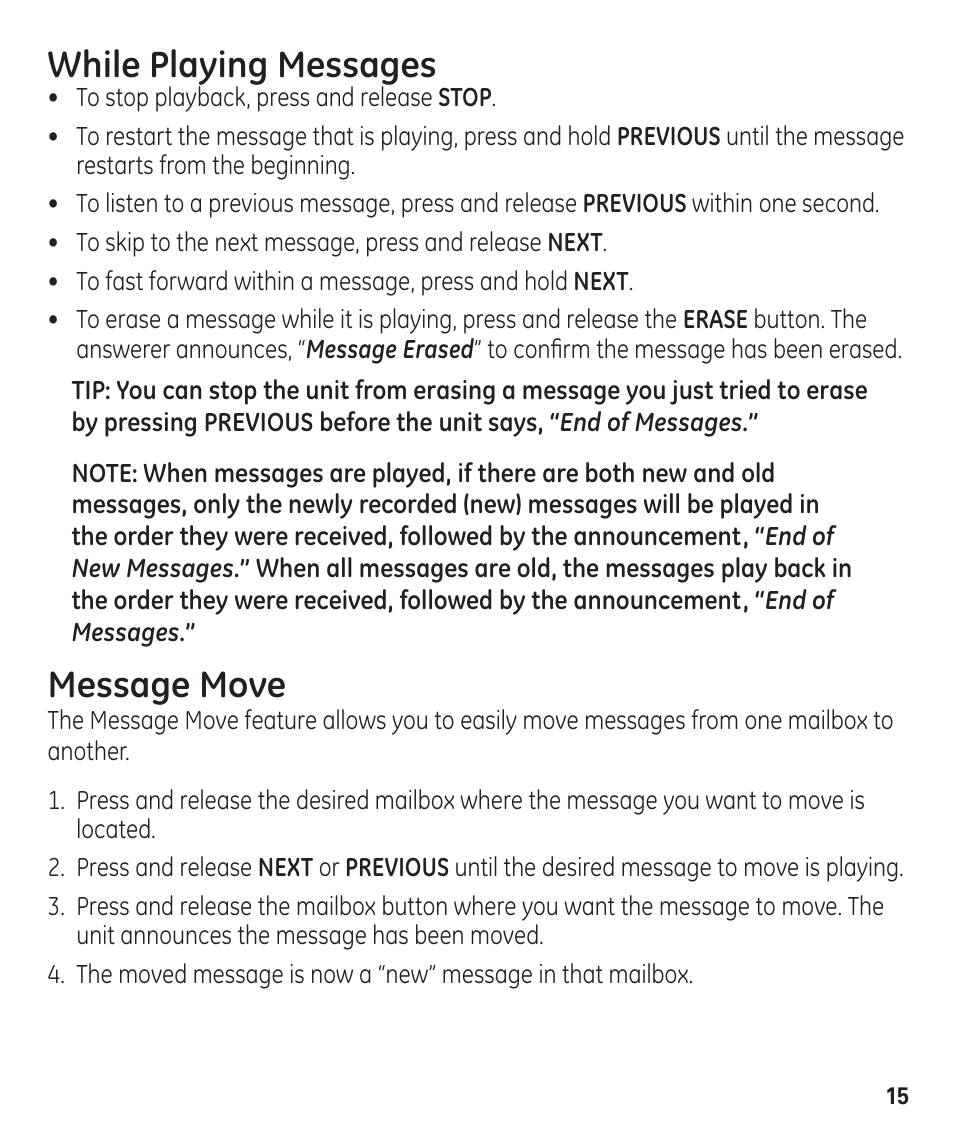 While playing messages, Message move | GE 29861 User Manual | Page 15 / 56