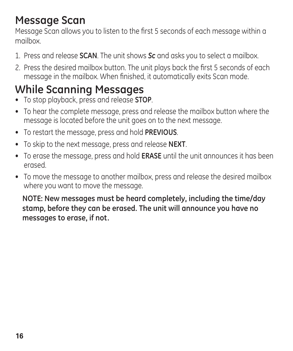 Message scan, While scanning messages | GE 29861 User Manual | Page 16 / 56