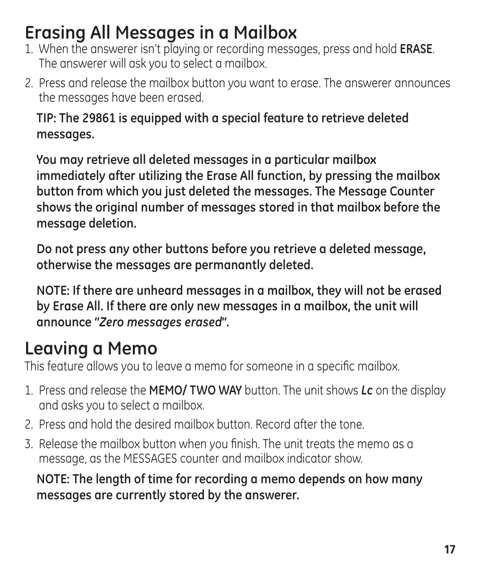 Erasing all messages in a mailbox | GE 29861 User Manual | Page 17 / 56