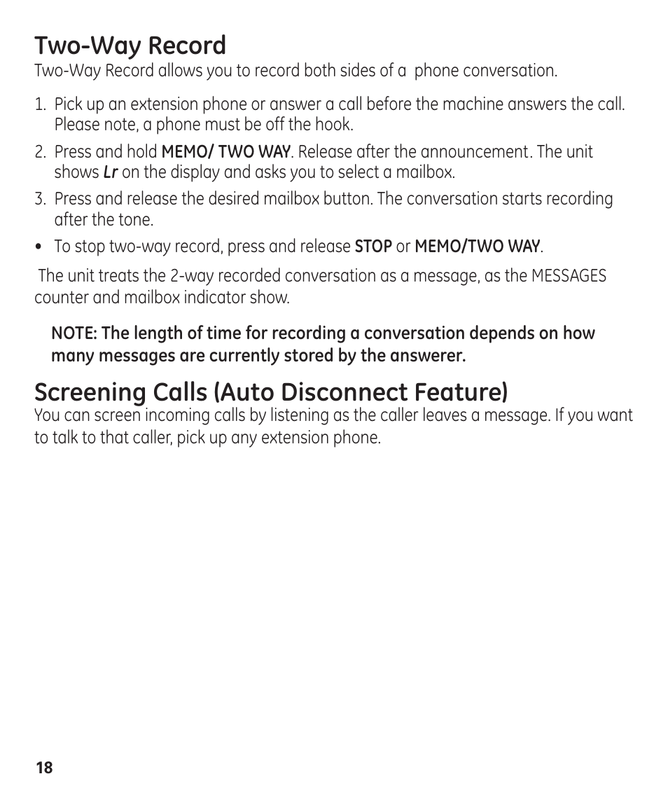 Two-way record, Screening calls (auto disconnect feature) | GE 29861 User Manual | Page 18 / 56